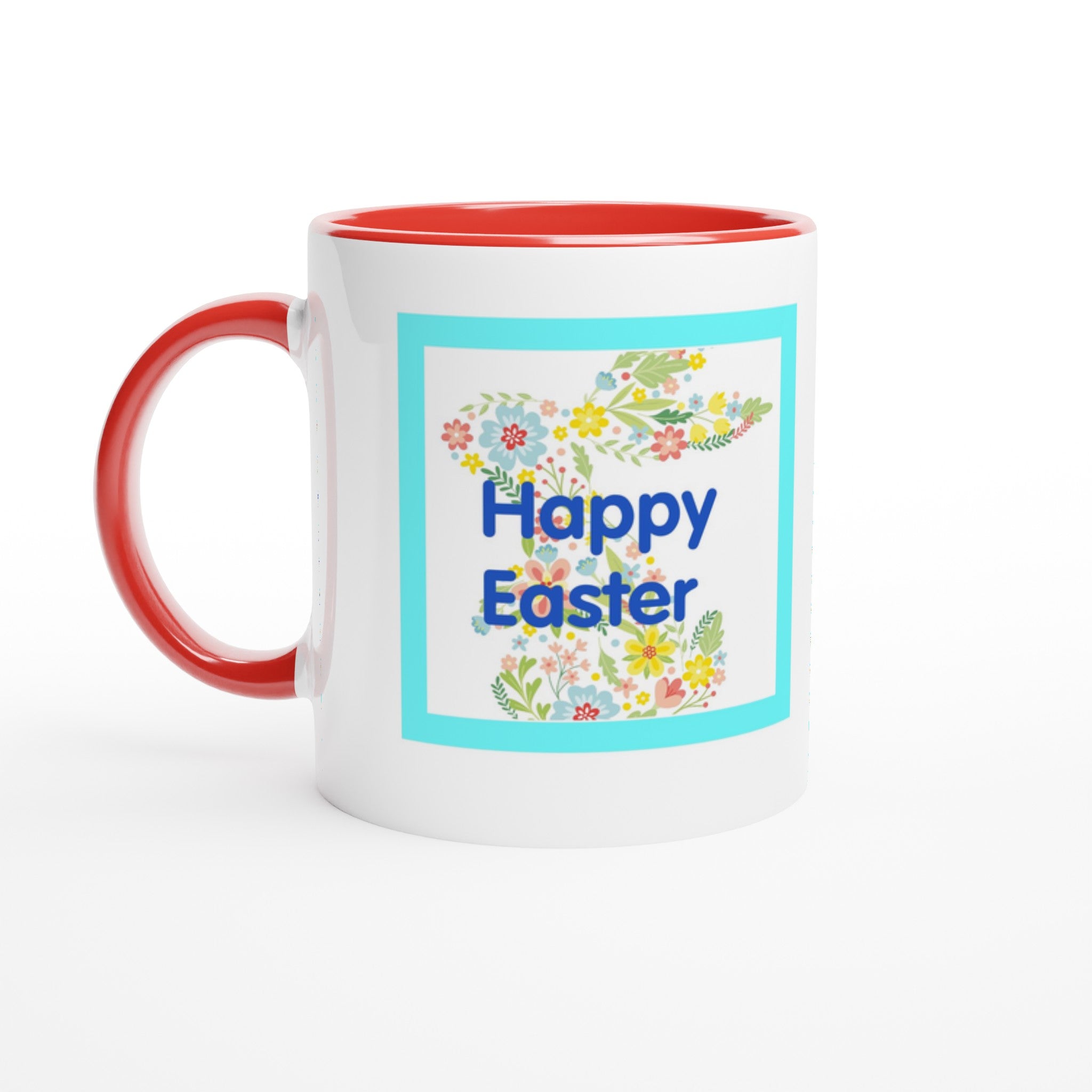 White mug with red handle and 'Happy Easter' design on a white background