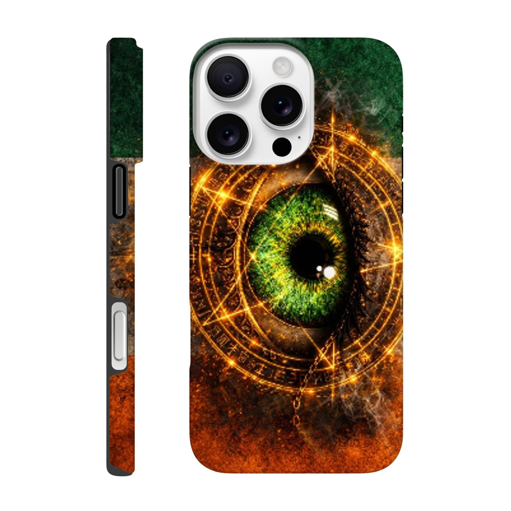 Phone case with eye design and mystical symbols on a white background
