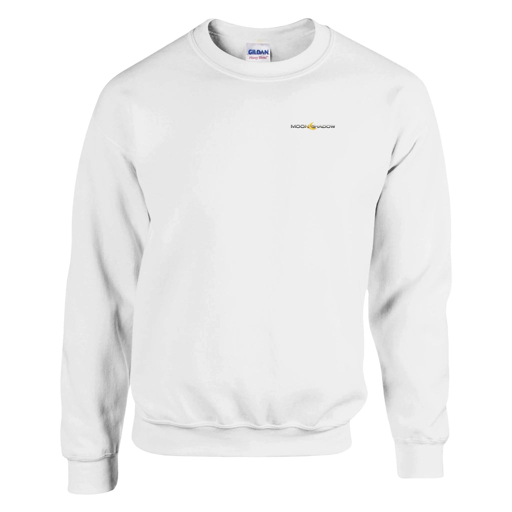 White sweatshirt with a brand logo on a white background