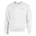 White sweatshirt with a brand logo on a white background