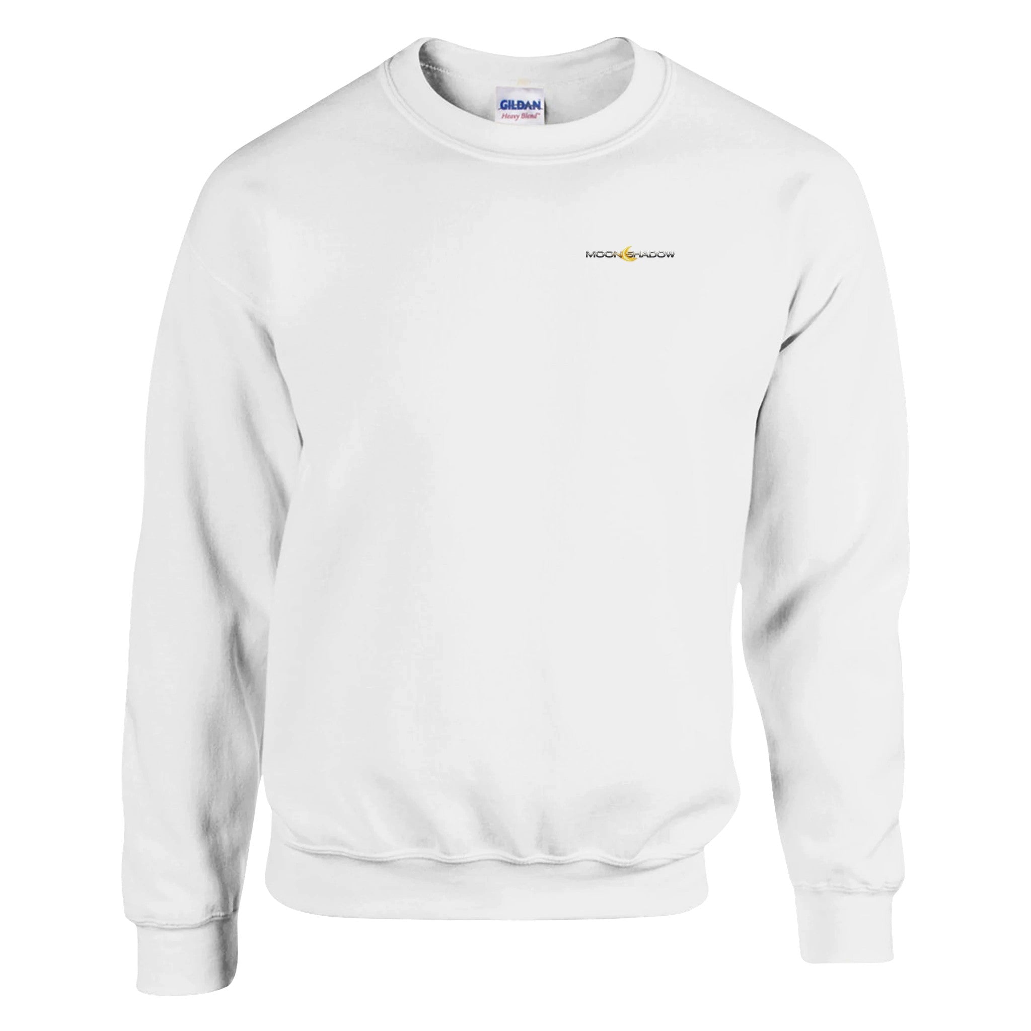 White sweatshirt with a brand logo on a white background