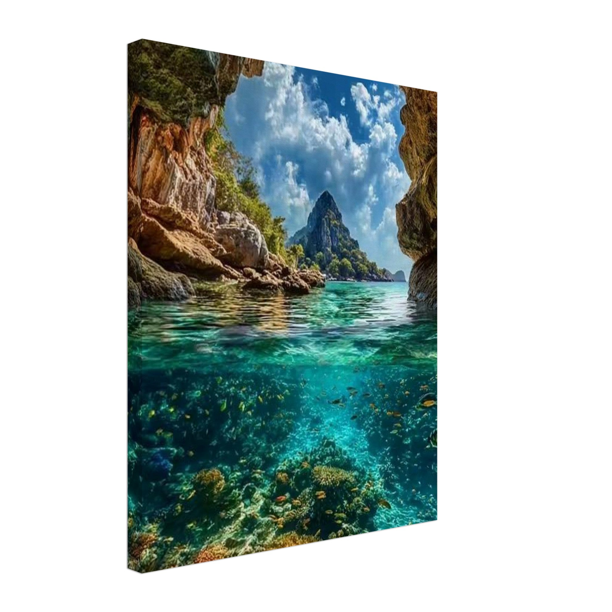 Canvas print of a scenic view with rocky coastline and clear blue water.