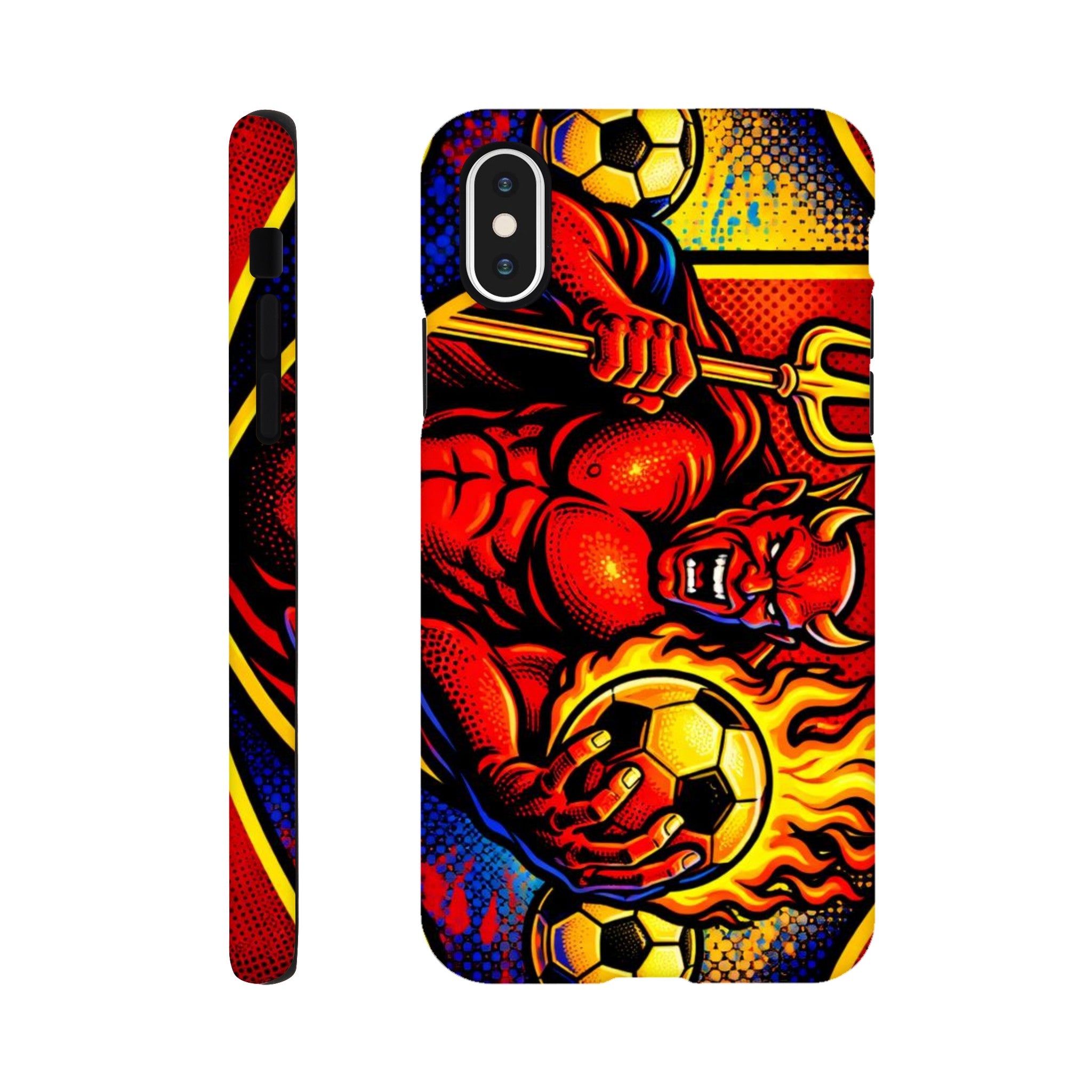 Phone case with a colorful design featuring a figure holding a spear and soccer balls on a white background.