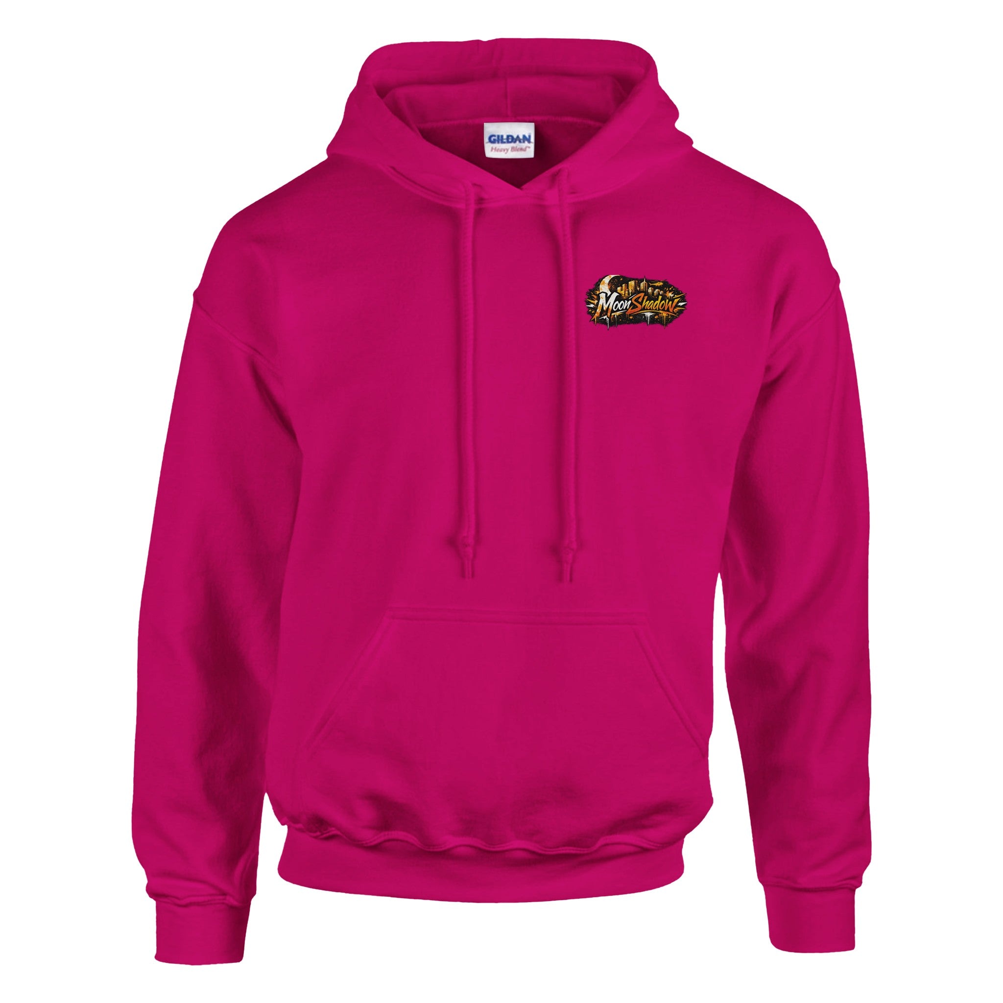 Pink hoodie with a logo on the chest against a white background