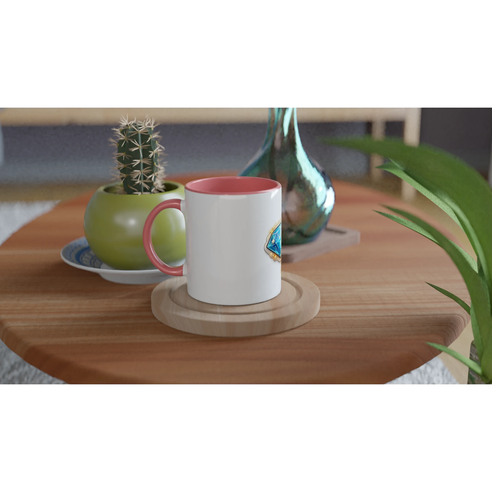 White mug with colorful text on a wooden table with a cactus and decorative items.