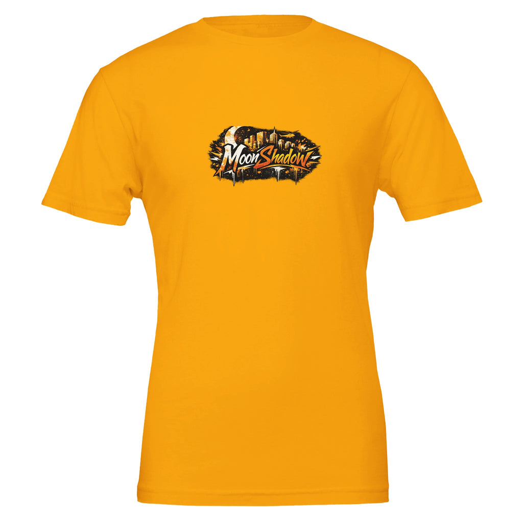 Yellow t-shirt with 'MoonShadows' logo on a white background