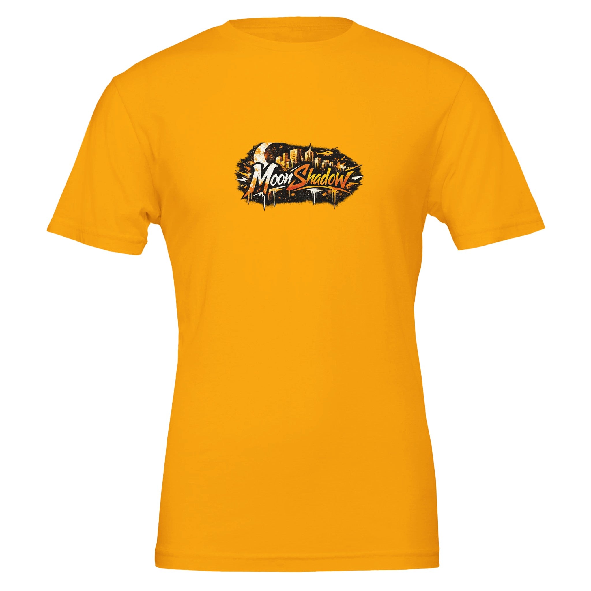 Yellow t-shirt with 'MoonShadows' logo on a white background
