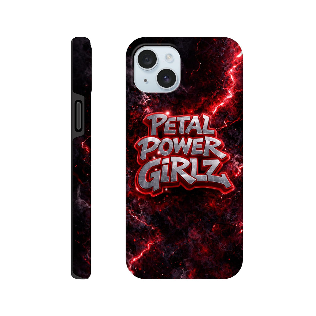 Phone case with 'Petal Power Girlz' design on a red and black background
