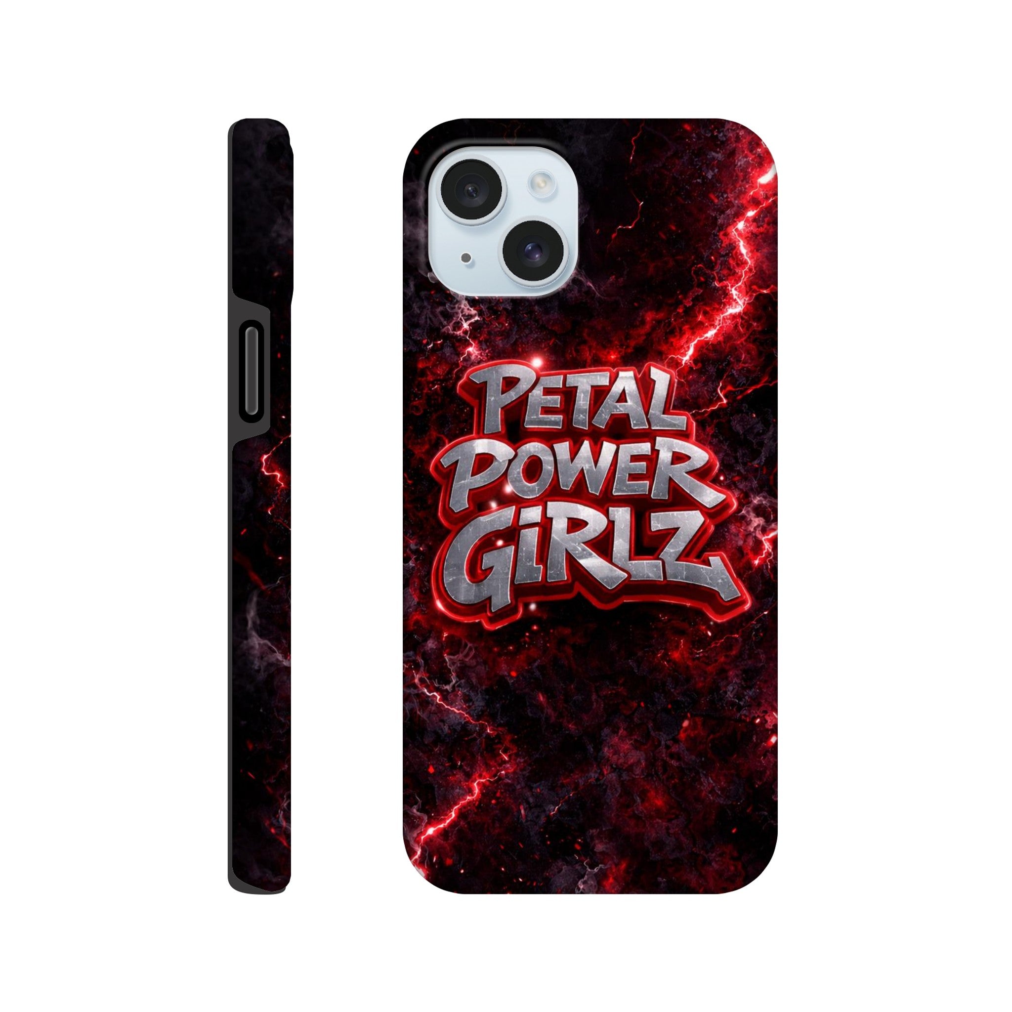 Phone case with 'Petal Power Girlz' design on a red and black background