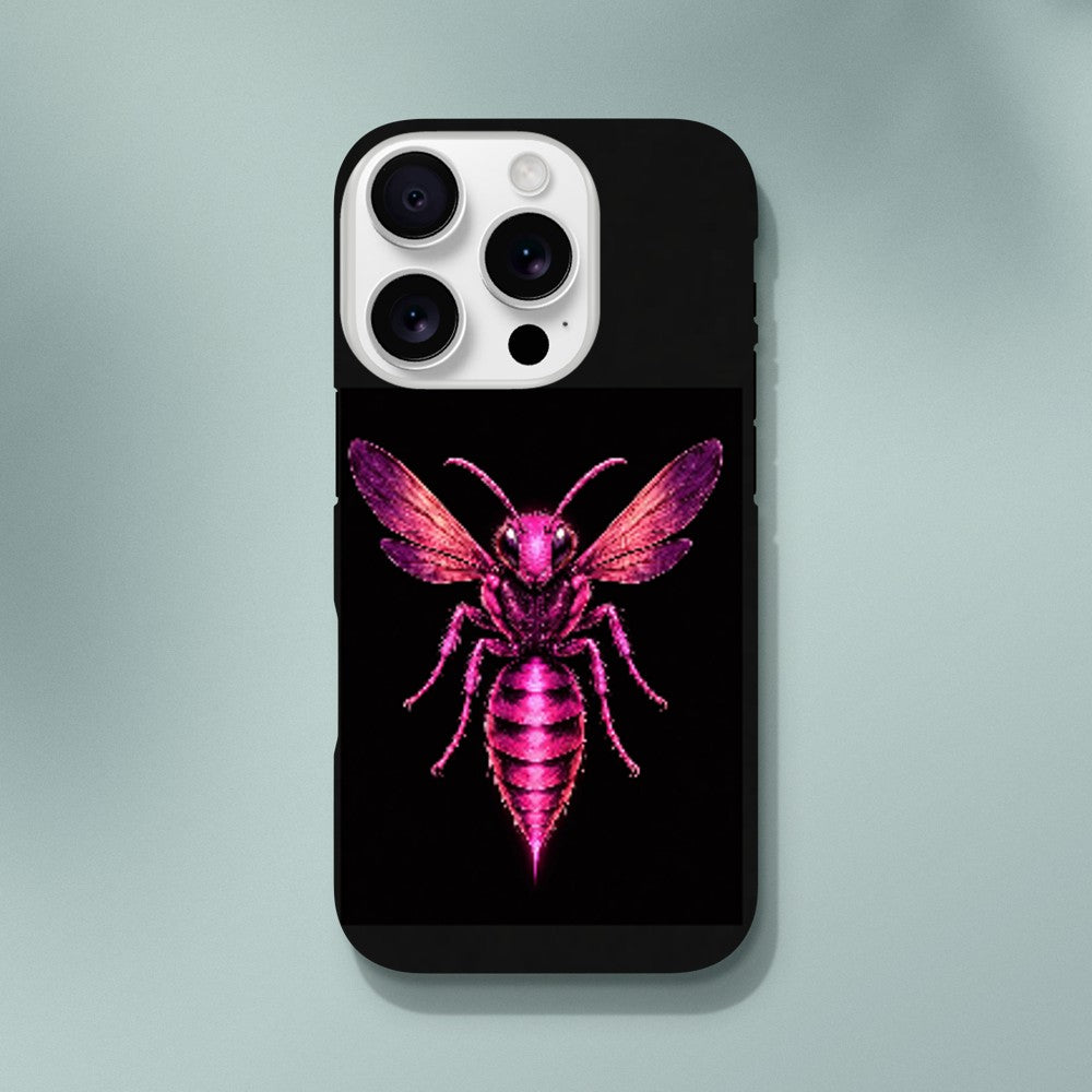 Phone case with a pink bee design on a black background