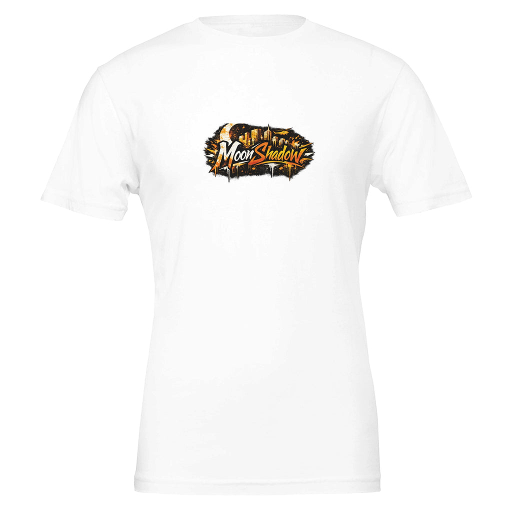 White t-shirt with 'MoonShadows' logo on a white background