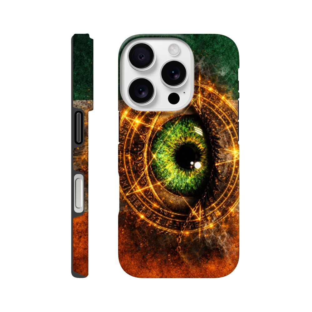 Phone case with eye design and mystical symbols on a white background