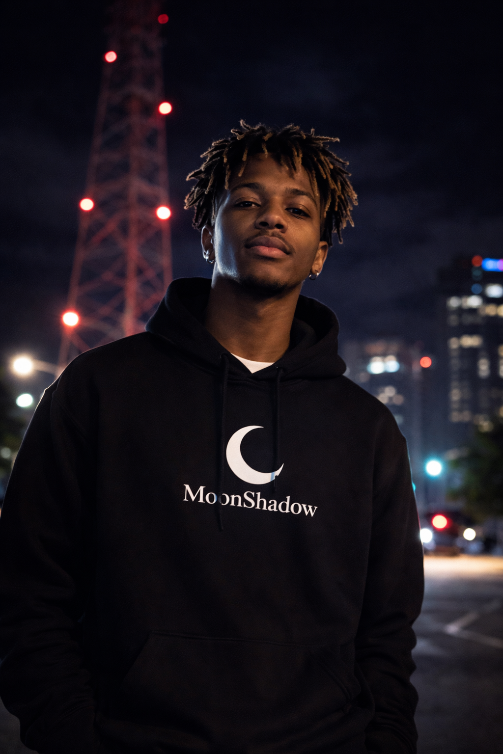 Person wearing a black hoodie with 'MoonShadow' logo against a cityscape at night.