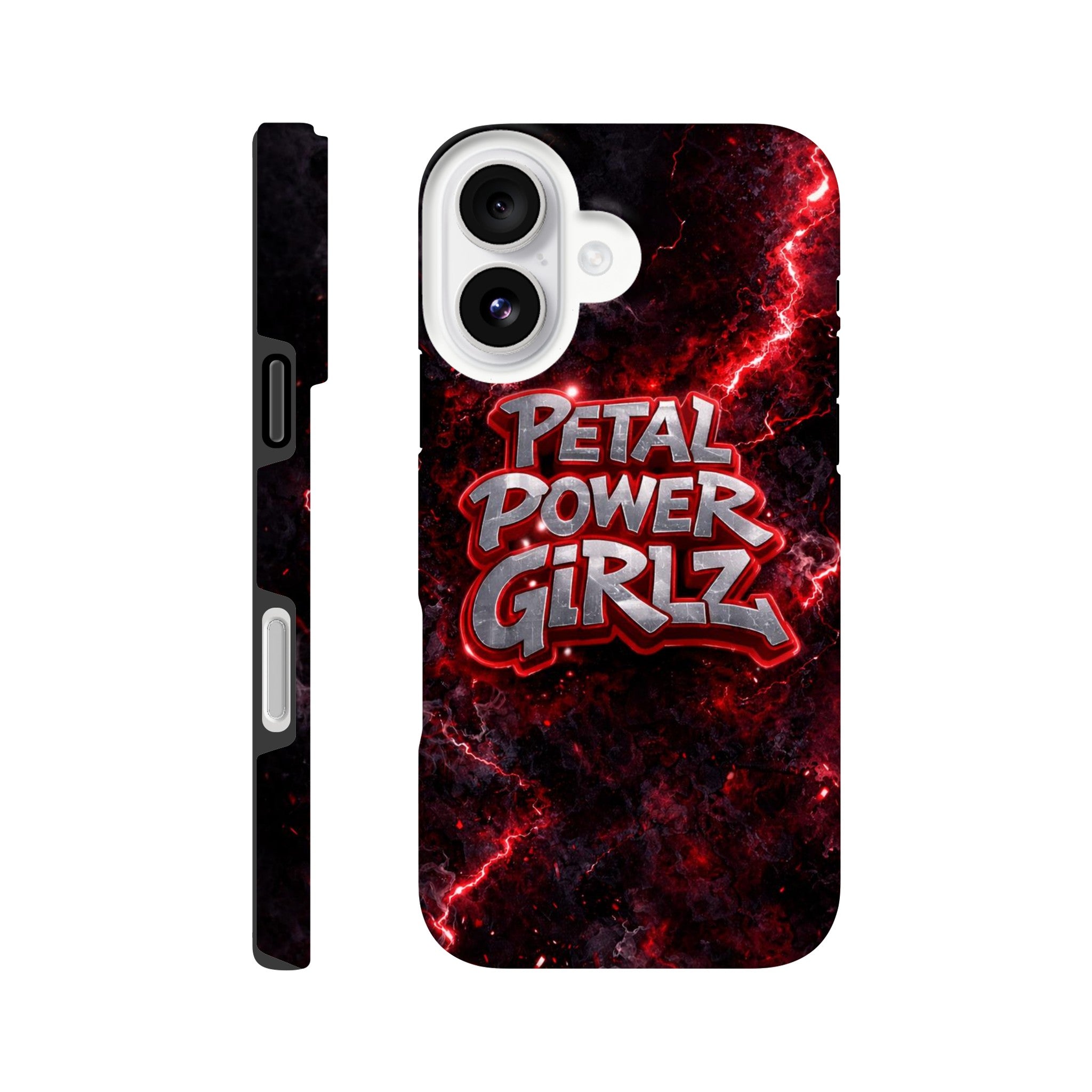 Phone case with 'Petal Power Girlz' design on a red and black background