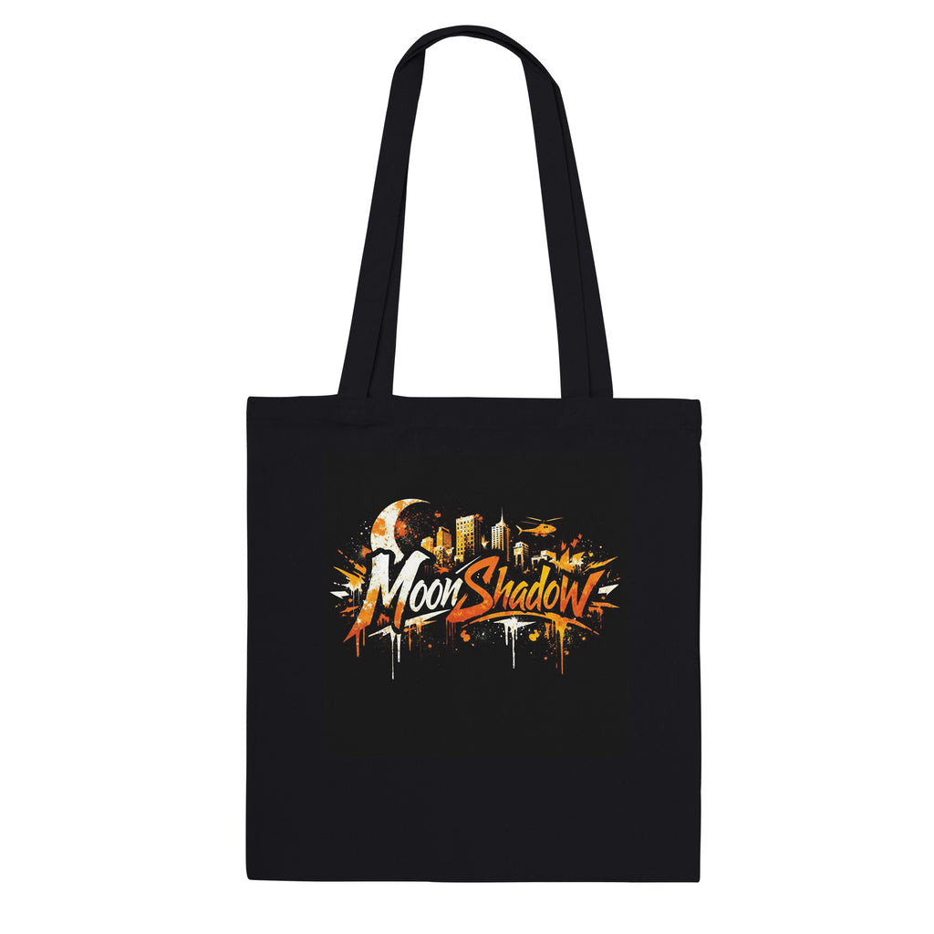 Black tote bag with 'MoonShadow' logo on a white background