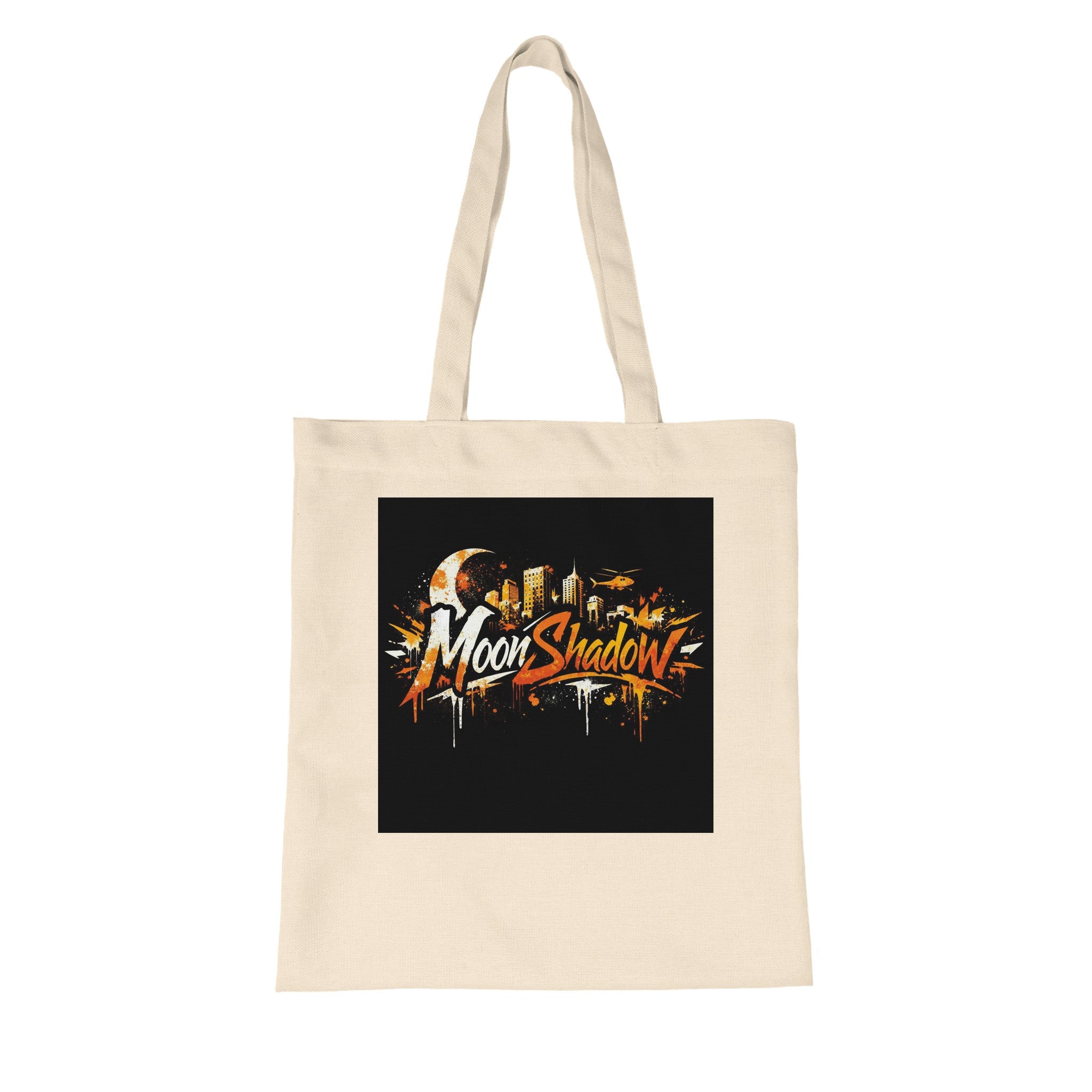 Beige tote bag with 'Moon Shadow' graphic design on a white background