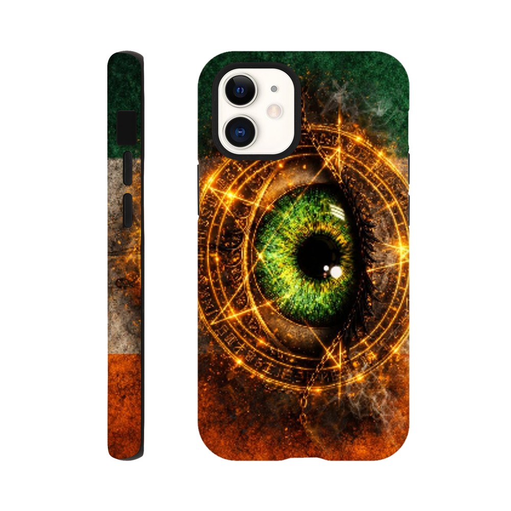Phone case with eye design and mystical symbols on a white background