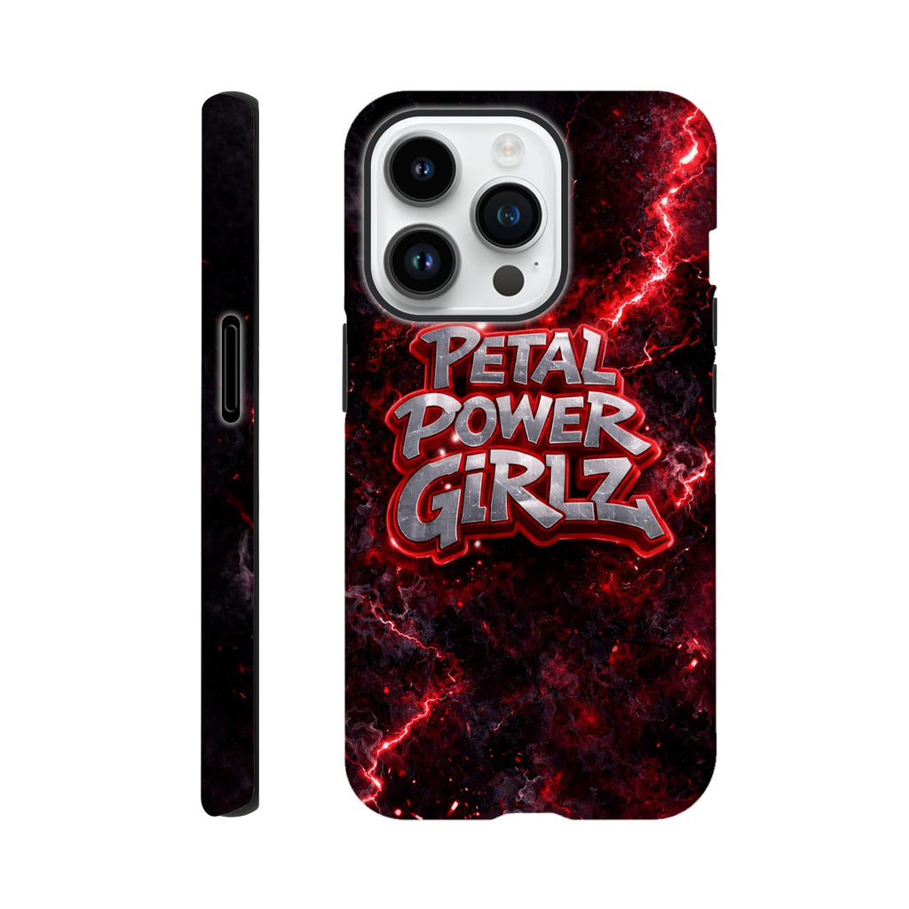 Phone case with 'Petal Power Girlz' design on a red and black background