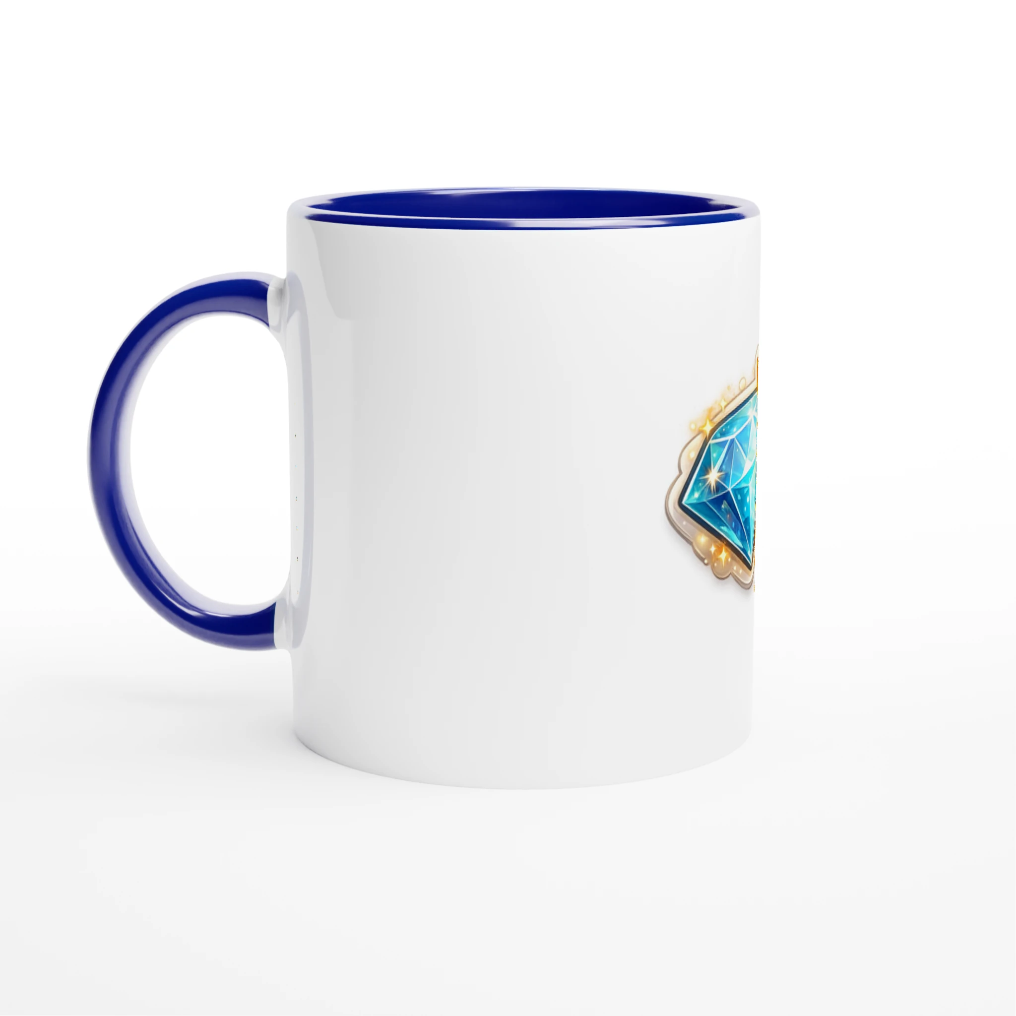 White mug with blue interior and handle, featuring a geometric design on a white background