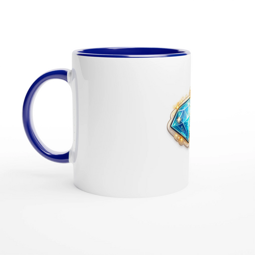 White mug with blue interior and handle, featuring a geometric design on a white background