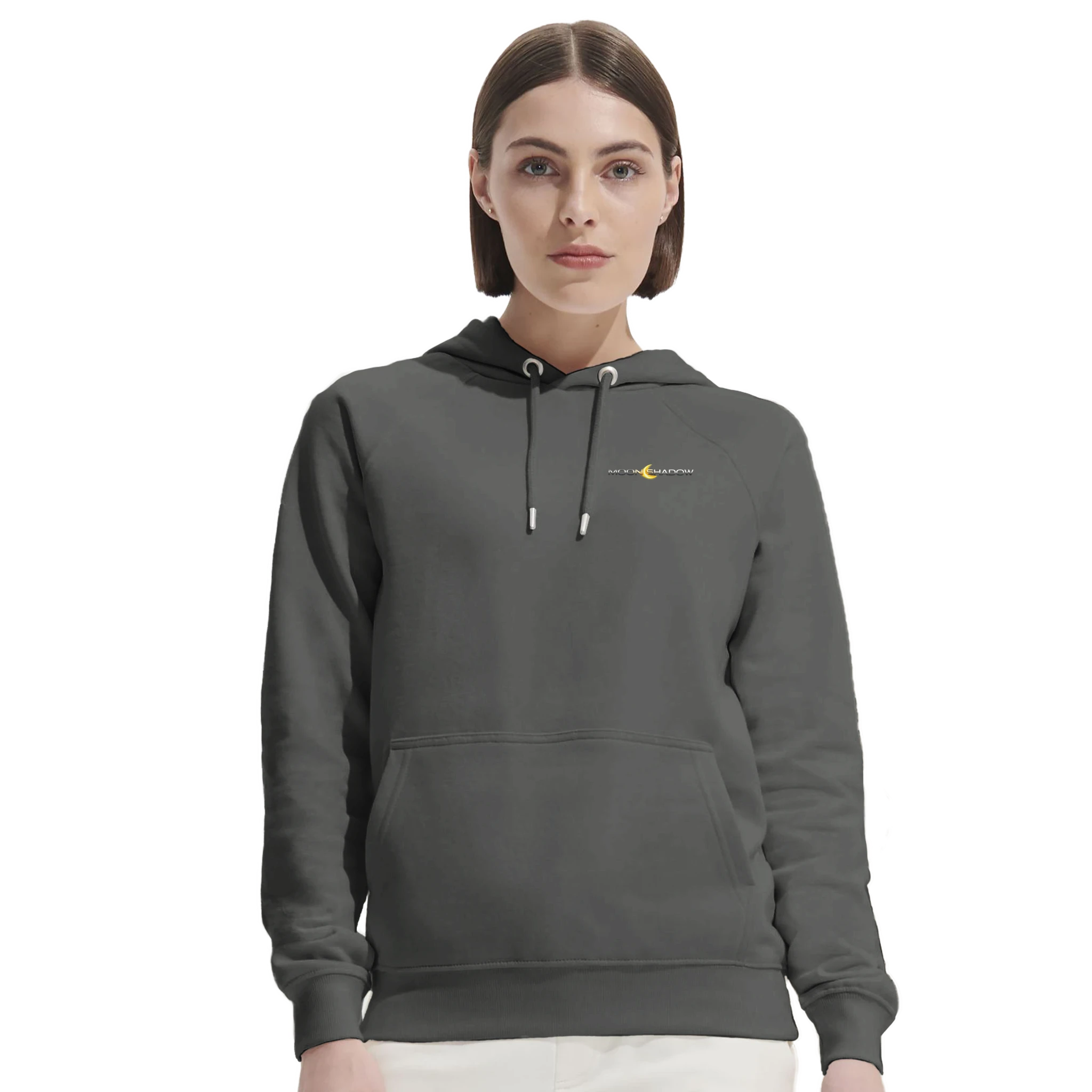 Woman wearing a gray hoodie with a logo on a white background
