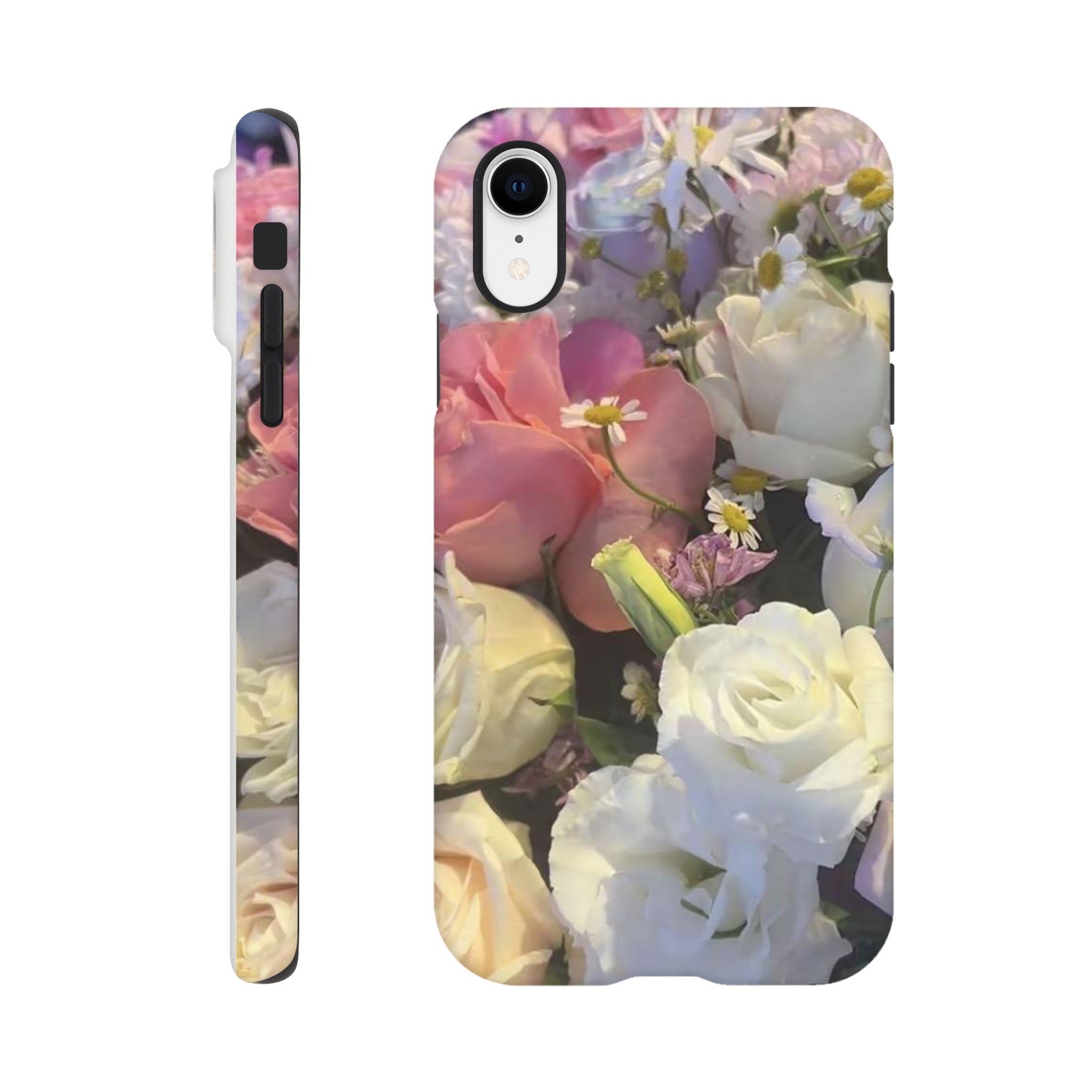 Floral phone case with pink, white, and yellow flowers on a white background