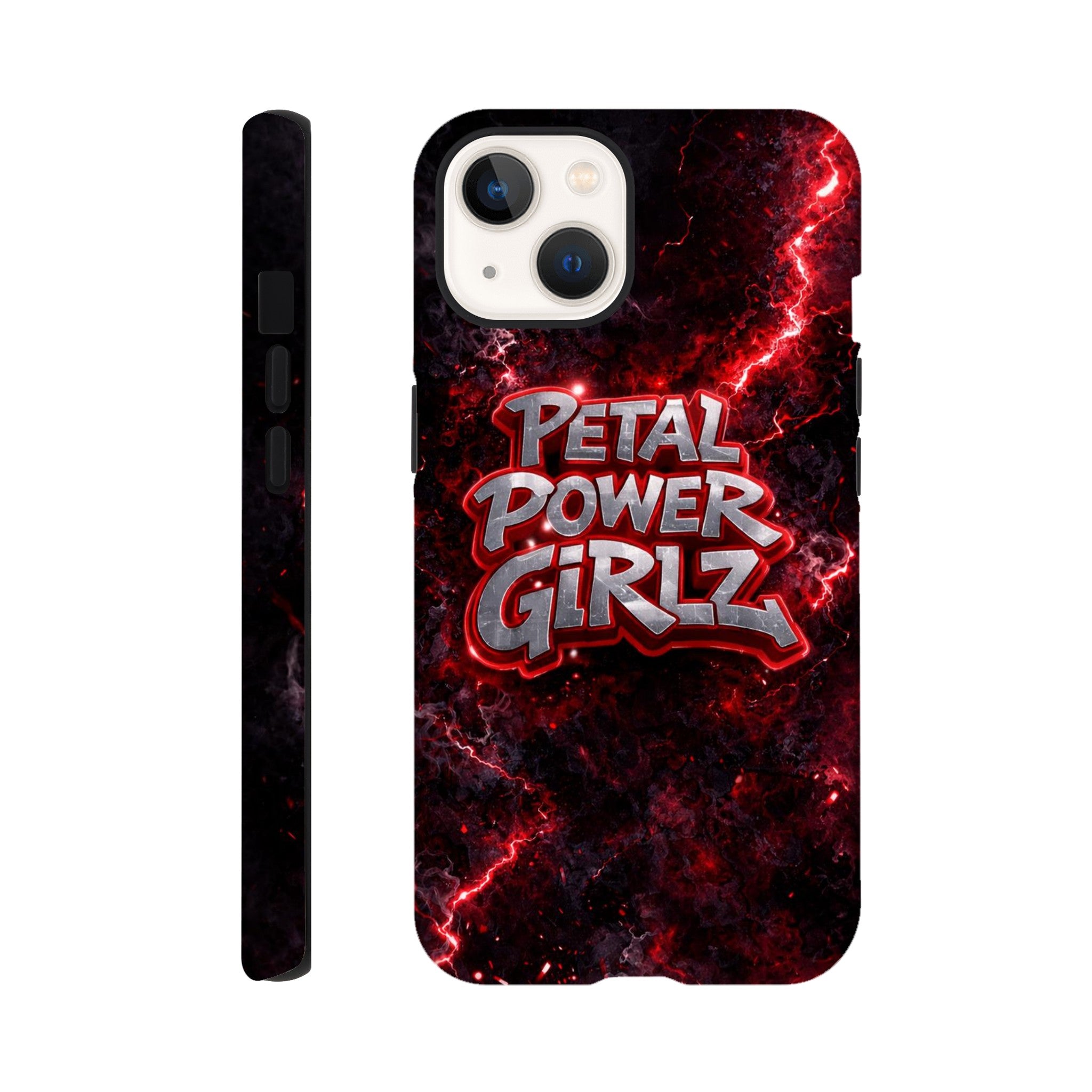 Phone case with 'Petal Power Girlz' design on a black and red background