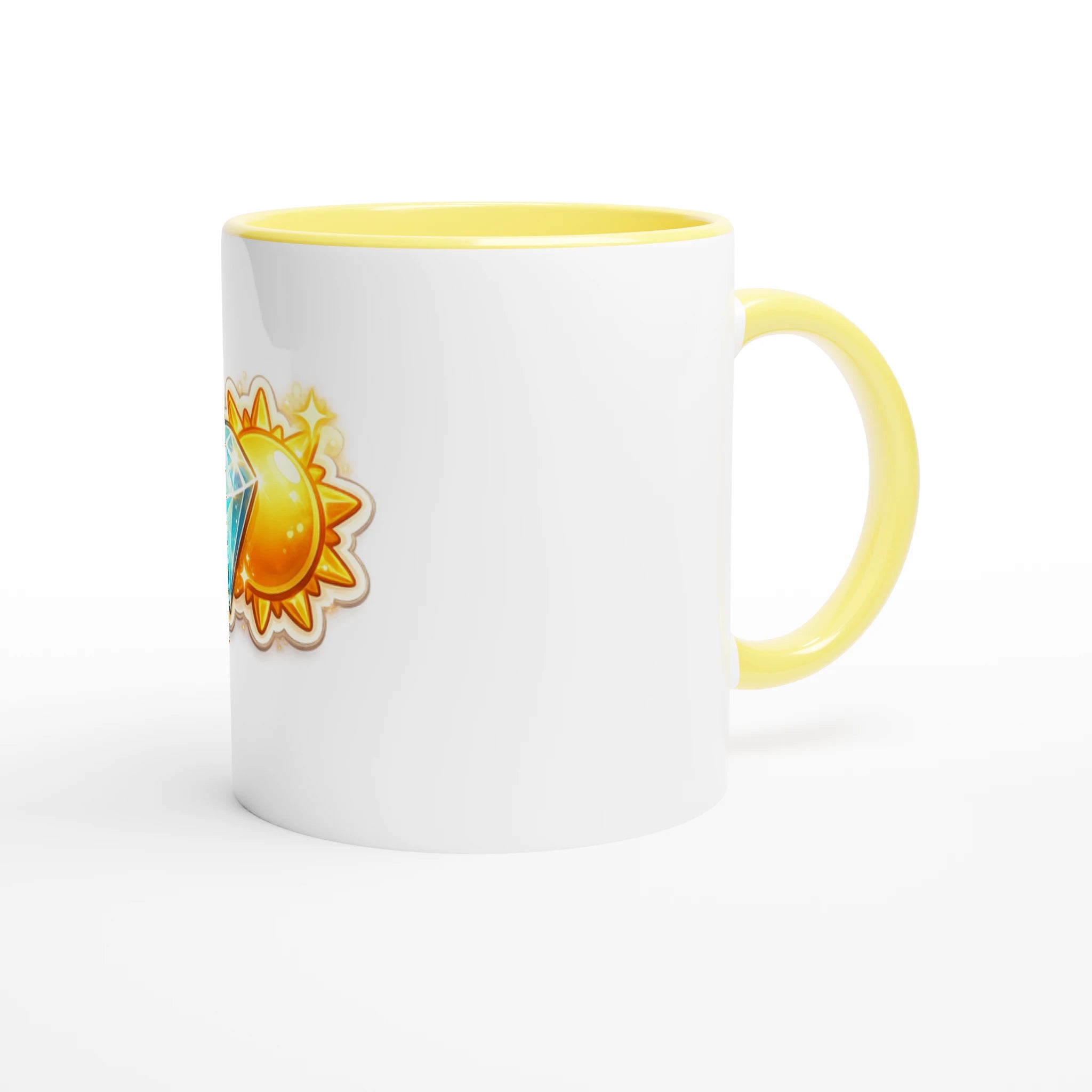 White mug with yellow interior and handle featuring a sun design on a white background