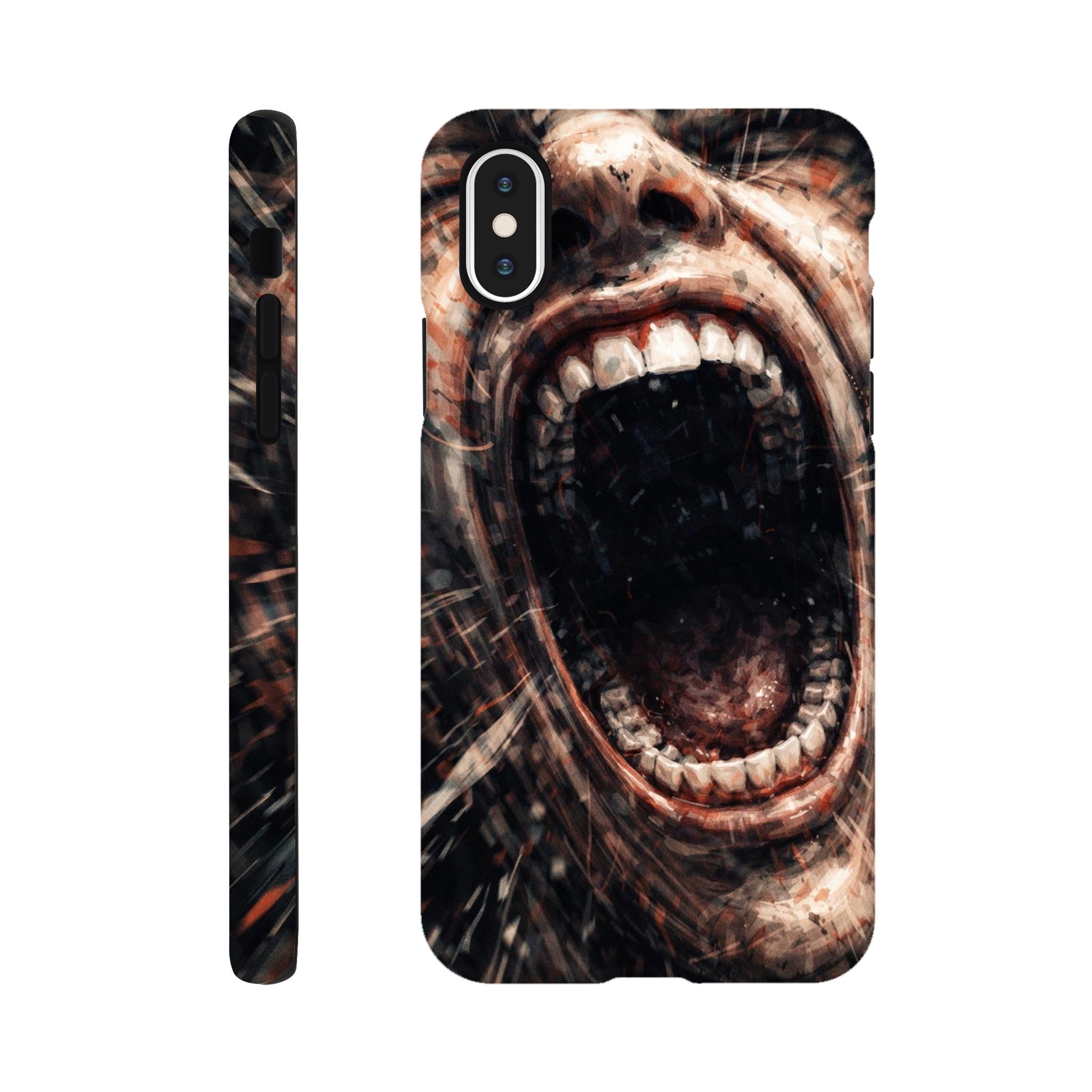 Phone case with a design of a mouth opening wide on a white background
