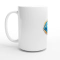 White mug with a colorful logo on a white background