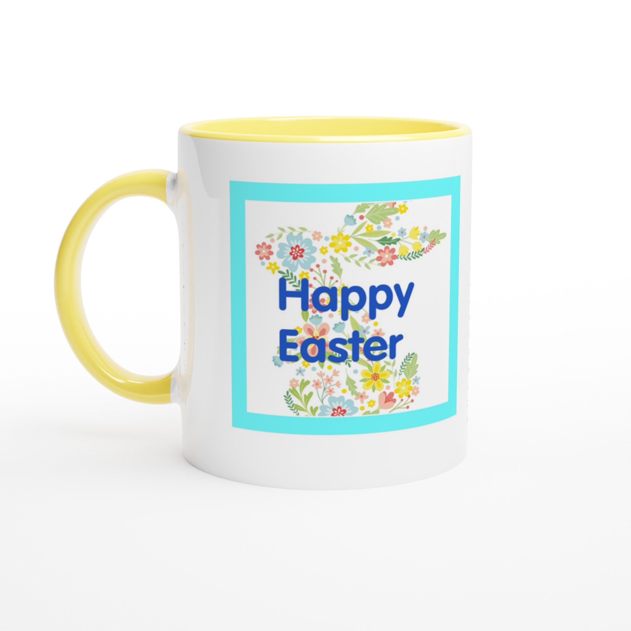White mug with yellow handle featuring 'Happy Easter' design on a white background