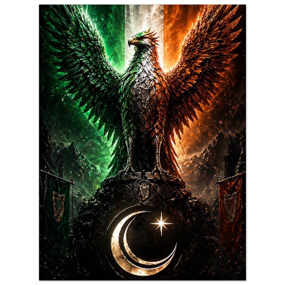 Two winged creatures with green and orange feathers standing on a crescent moon with a star, against a dark background.