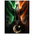 Two winged creatures with green and orange feathers standing on a crescent moon with a star, against a dark background.