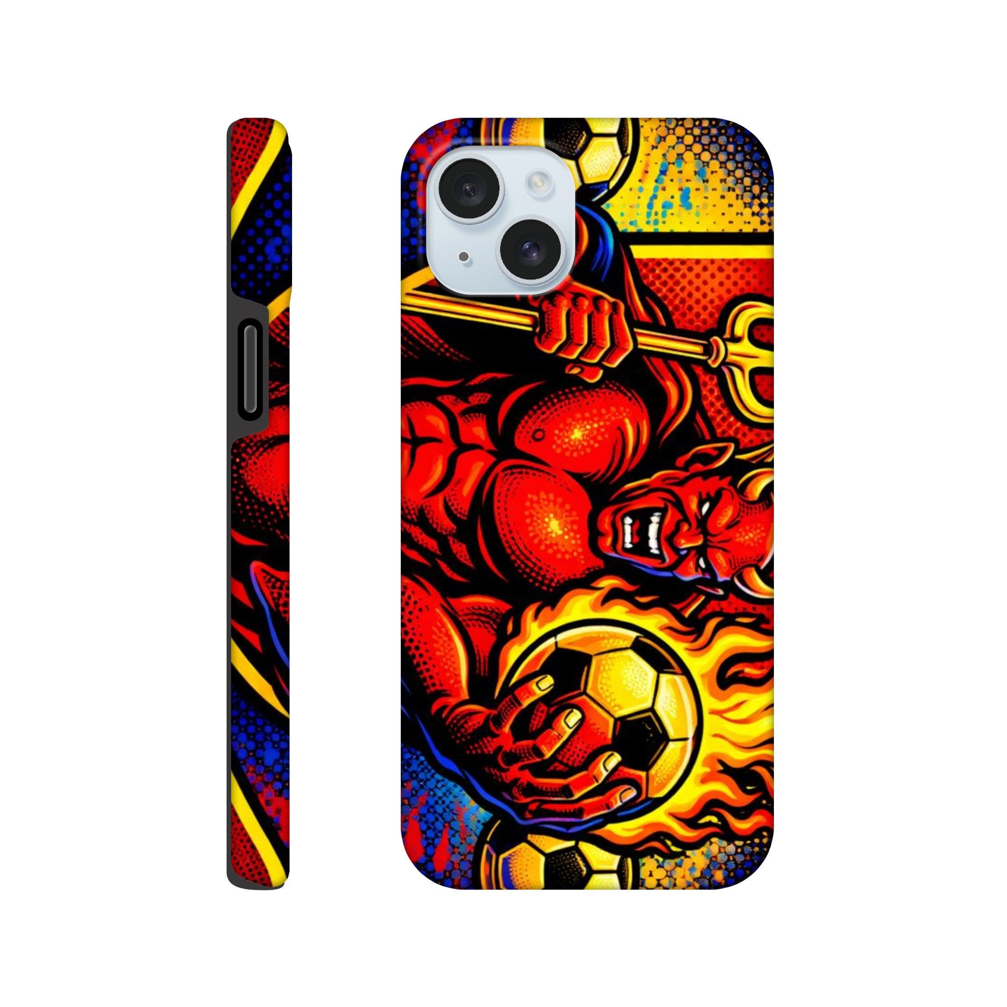 Phone case with a colorful design of a figure holding a soccer ball on a white background