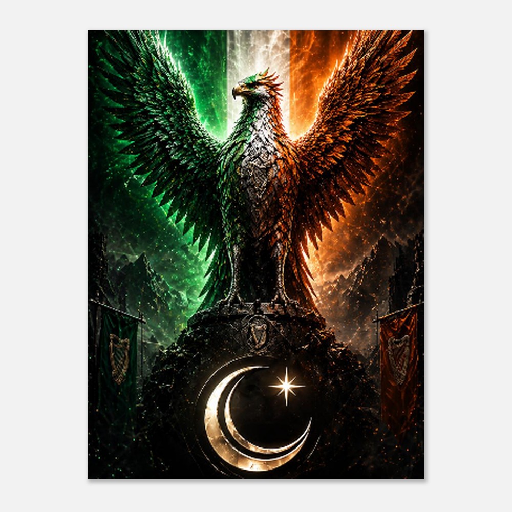 Two winged creatures with green and orange feathers standing on a crescent moon with a star, against a dark background.