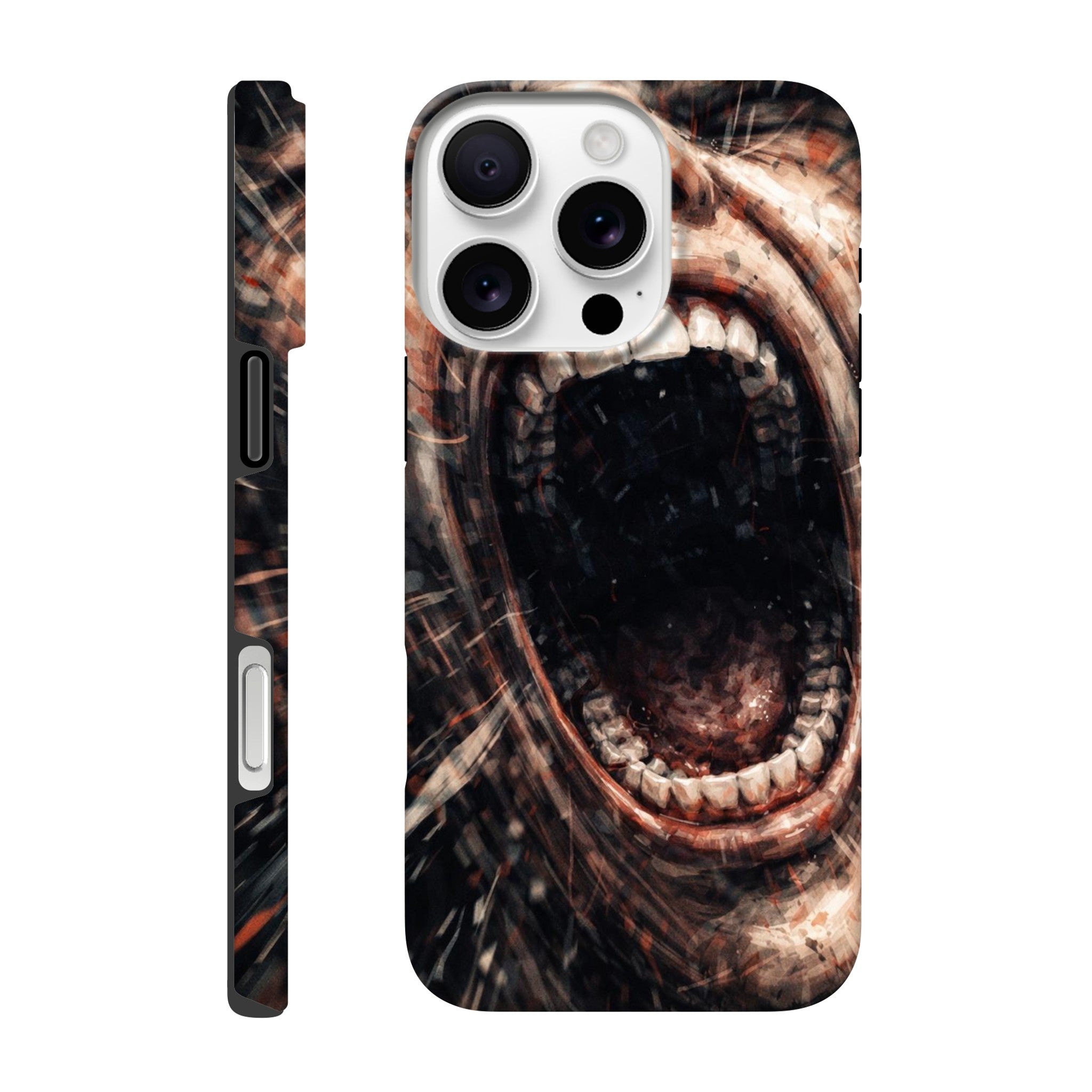 Phone case with a roaring lion design on a white background