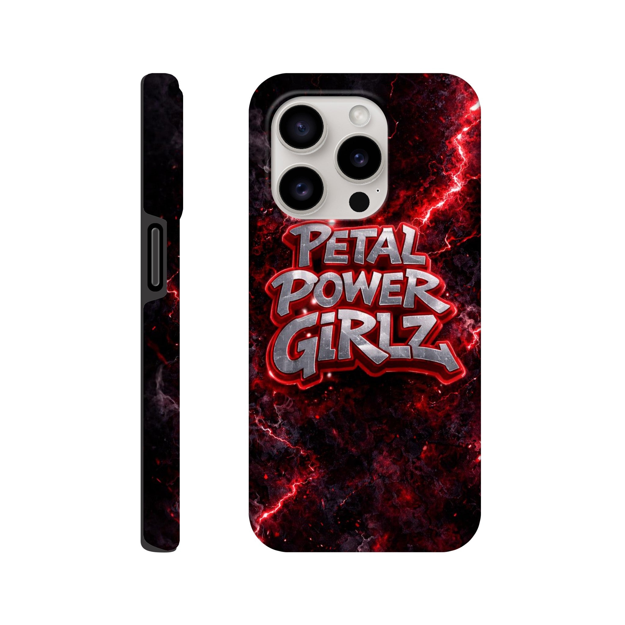 Phone case with 'Petal Power Girlz' design on a red and black background