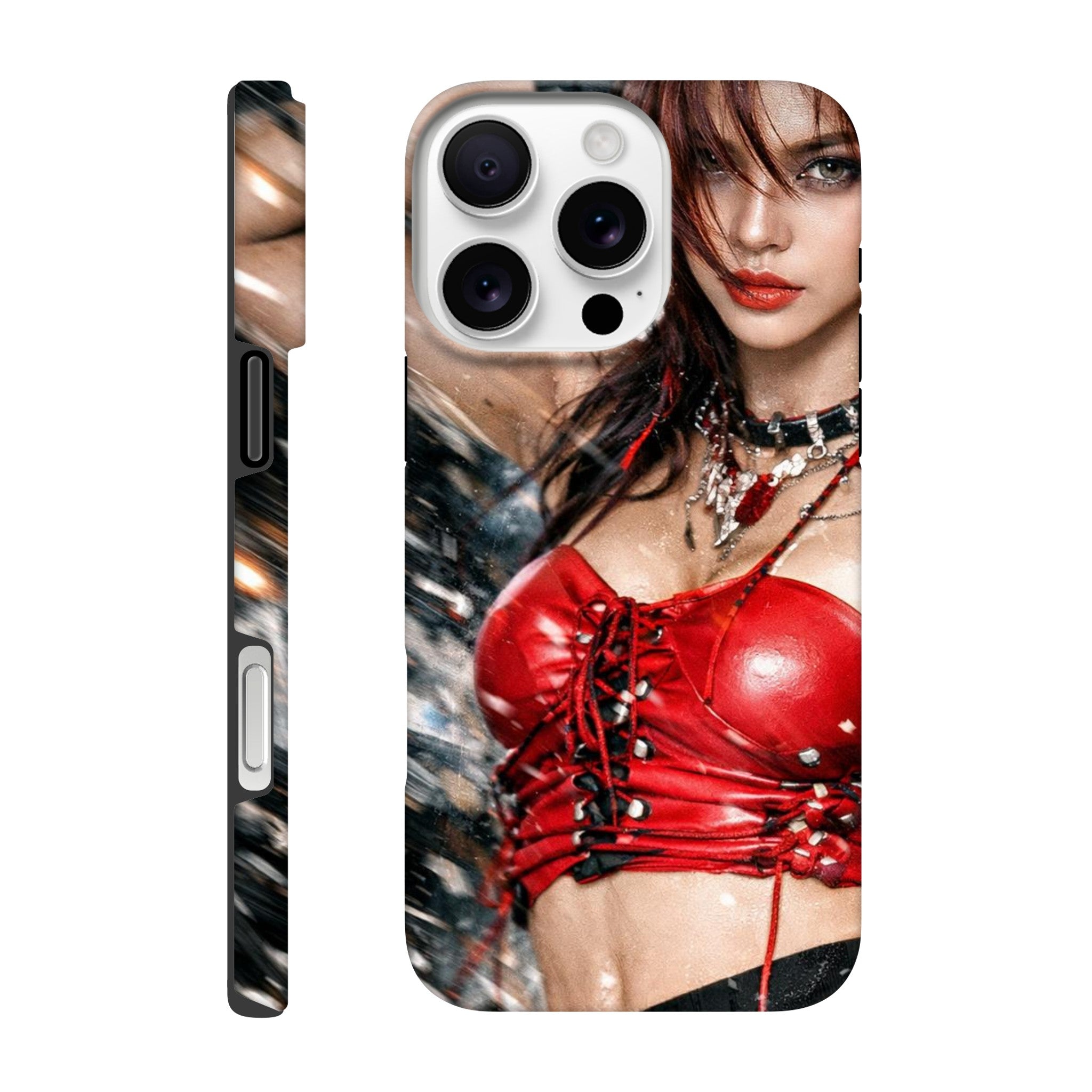 Phone case with a design of a person wearing a red outfit on a white background