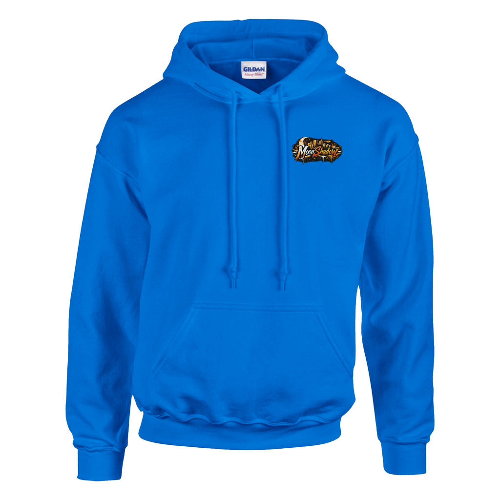 Blue hoodie with a logo on the chest against a white background