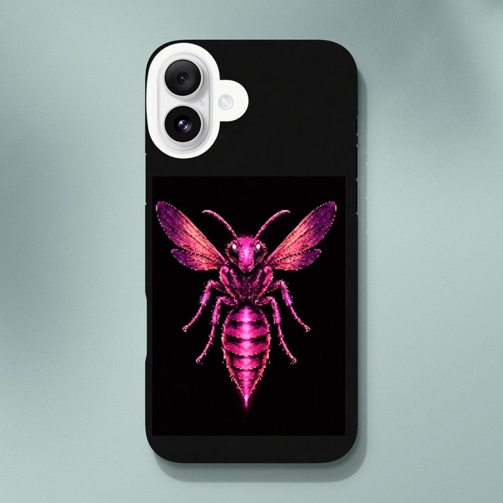 Phone case with a pink bee design on a black background