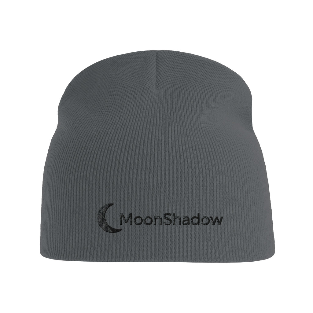 Gray beanie with 'MoonShadow' logo on a white background