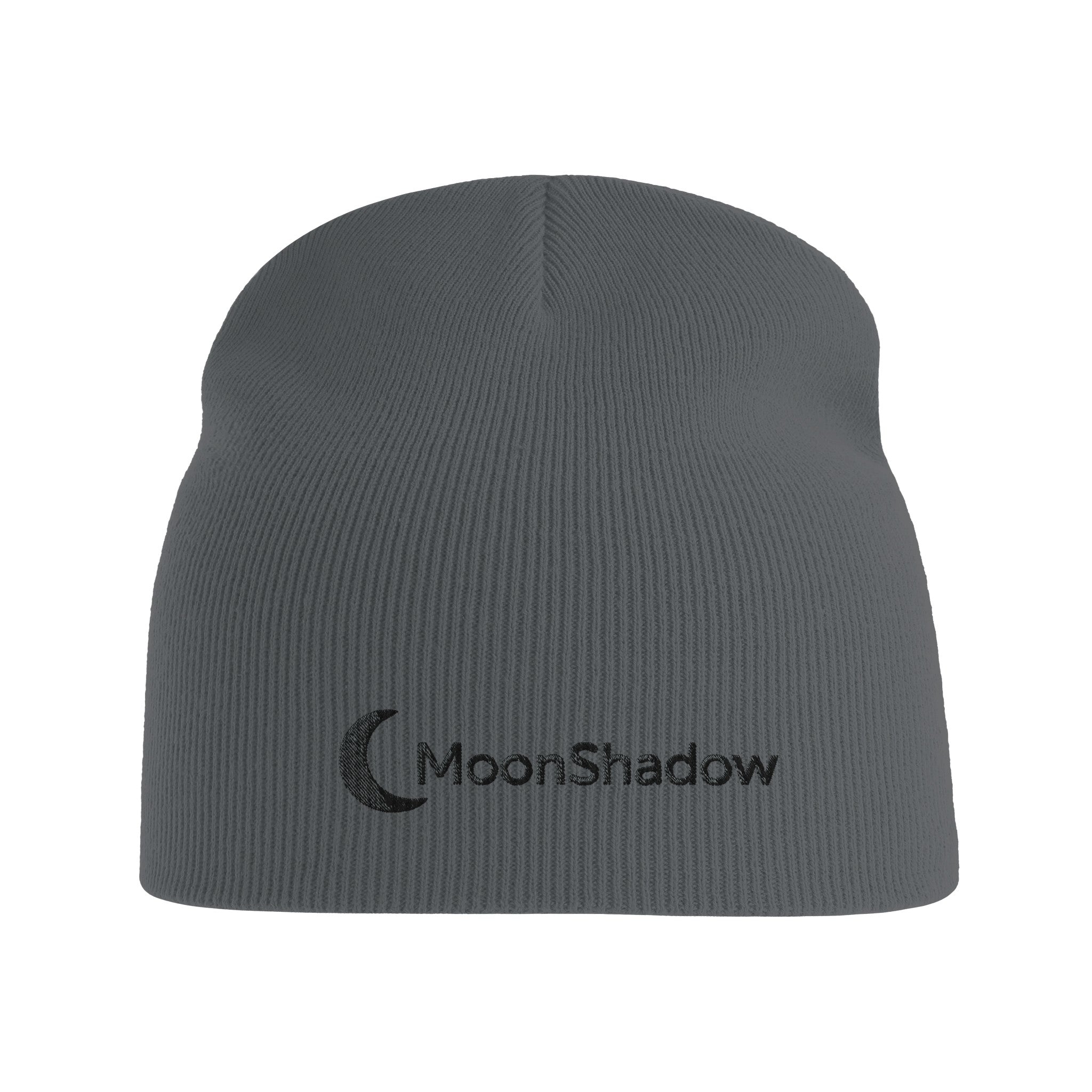 Gray beanie with 'MoonShadow' logo on a white background