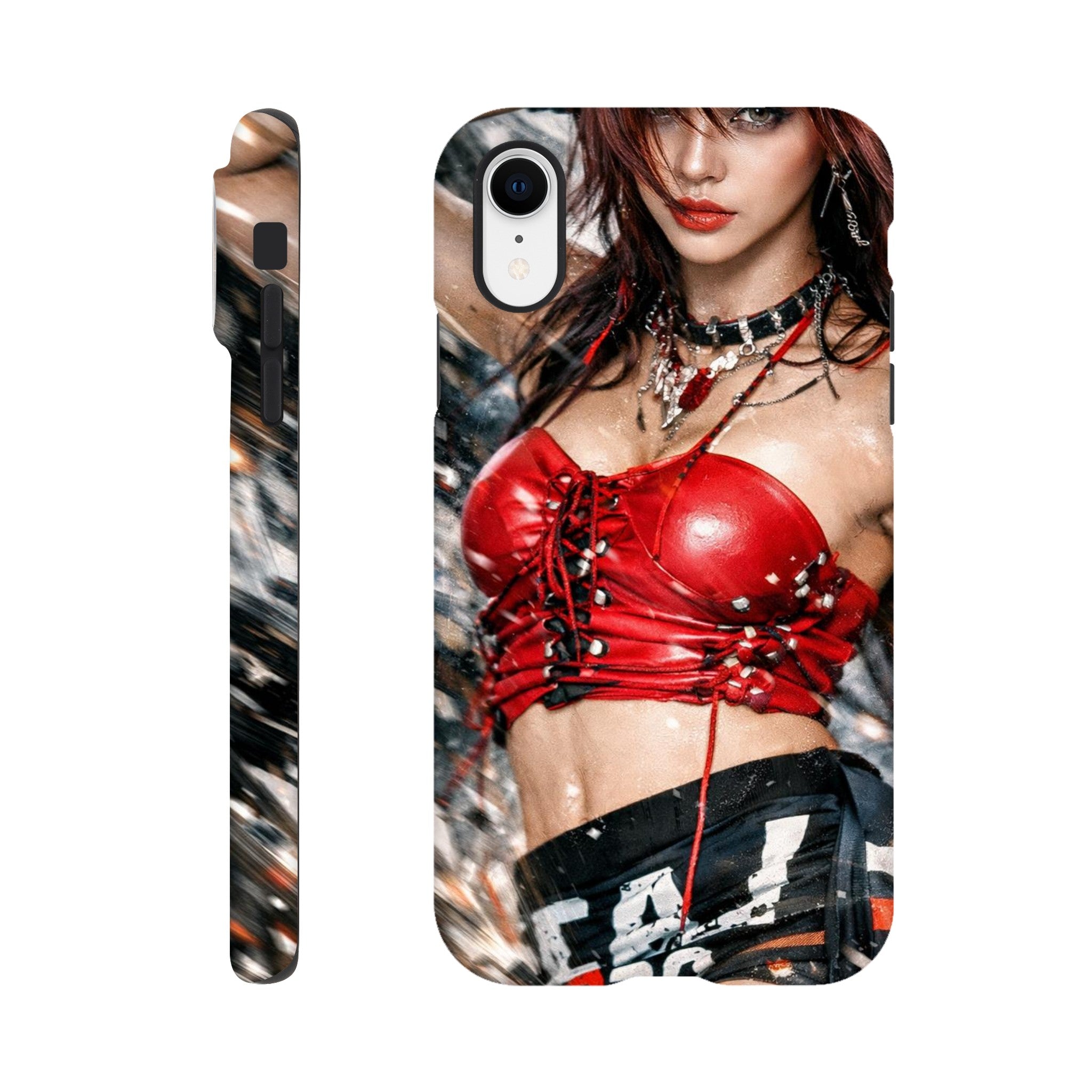 Phone case with a design of a person wearing a red top and black pants on a white background