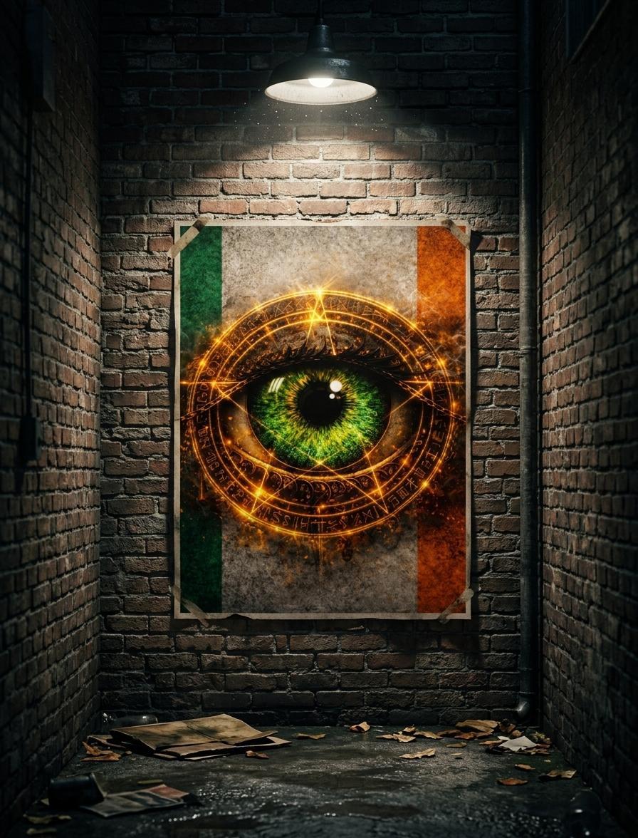 Eye design artwork on a brick wall with a spotlight