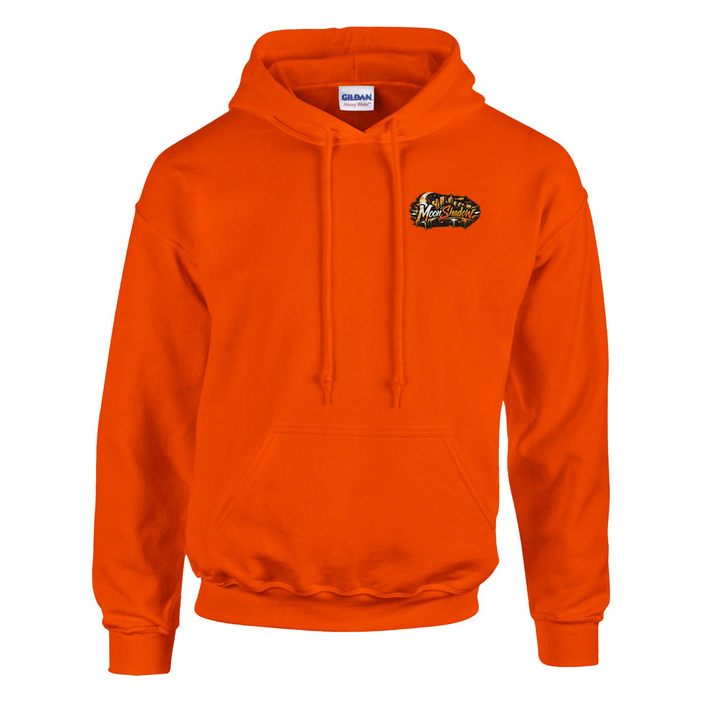 Orange hoodie with a logo on the chest against a white background