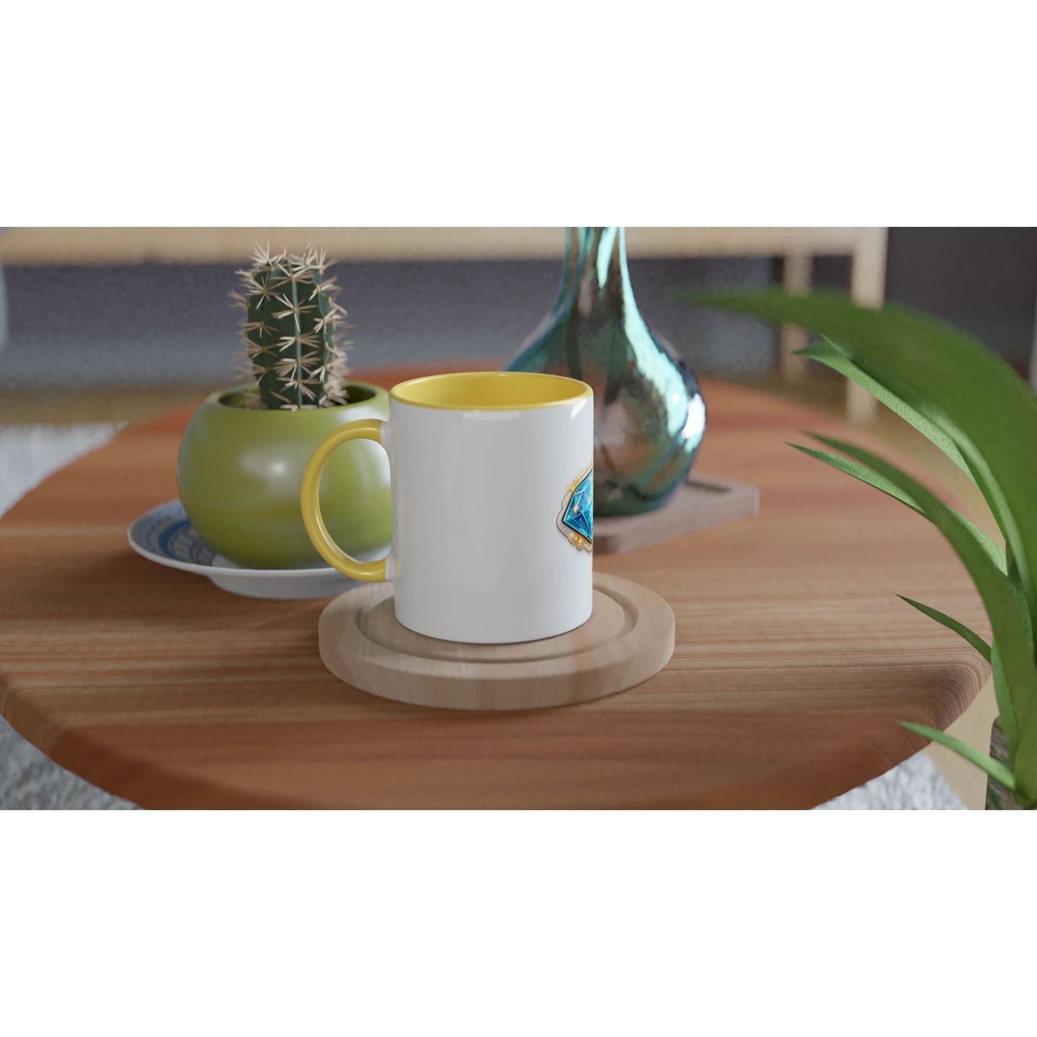 White mug with yellow interior on a wooden table with a cactus and decorative items.
