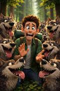 Animated character surrounded by anthropomorphic wolves in a forest setting