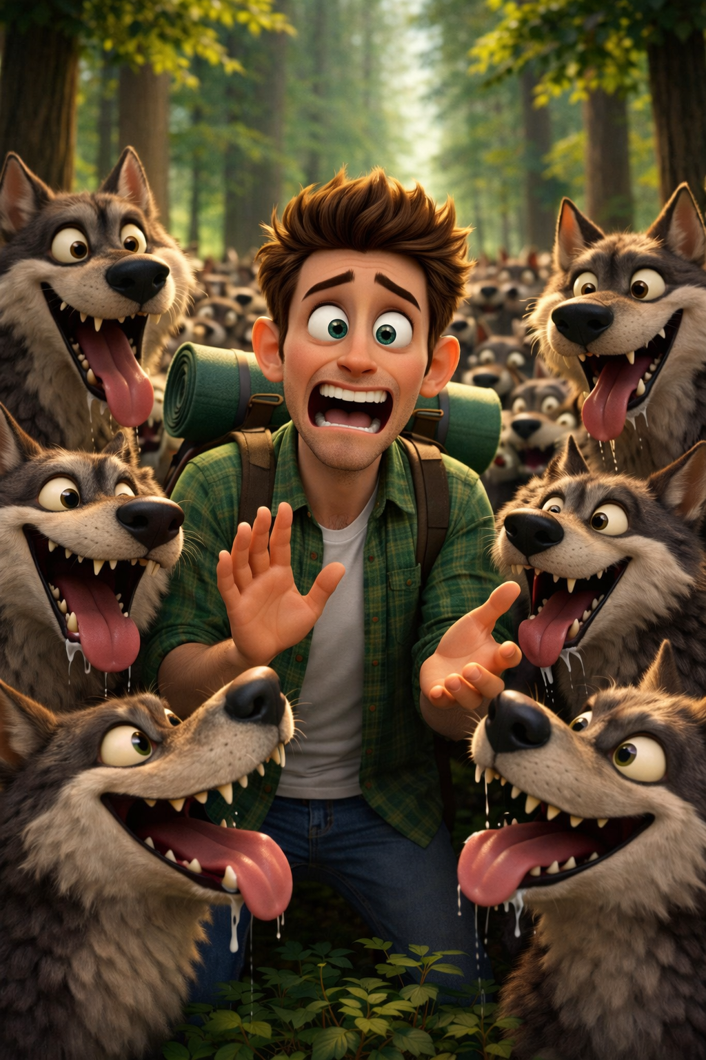 Animated character surrounded by anthropomorphic wolves in a forest setting