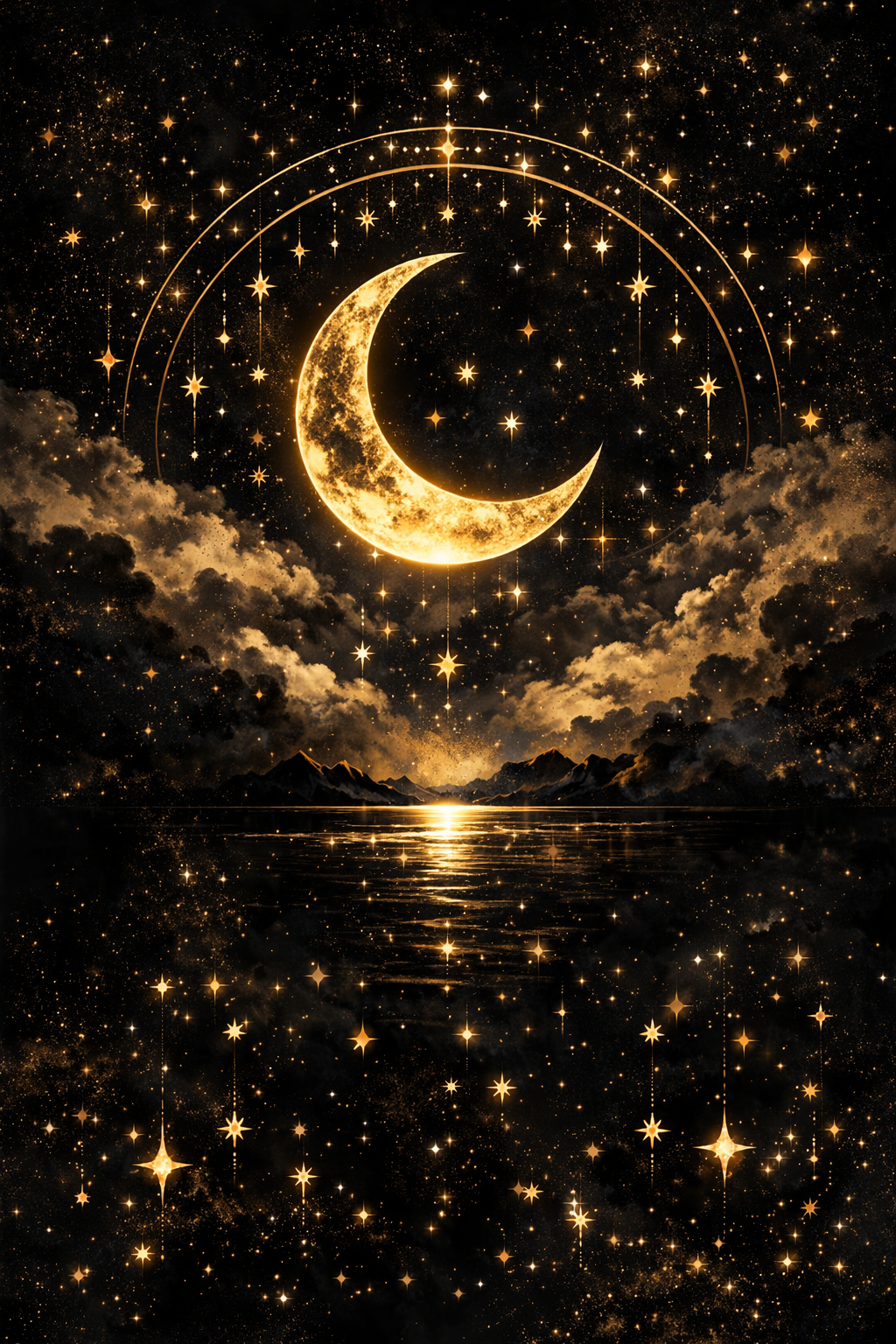  celestial scene with a crescent moon, stars, and clouds over water