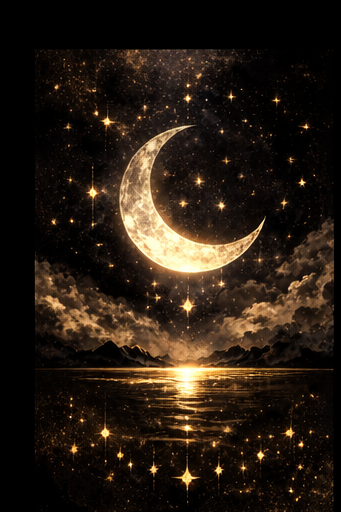 Glowing crescent moon over a reflective body of water with stars in the sky.